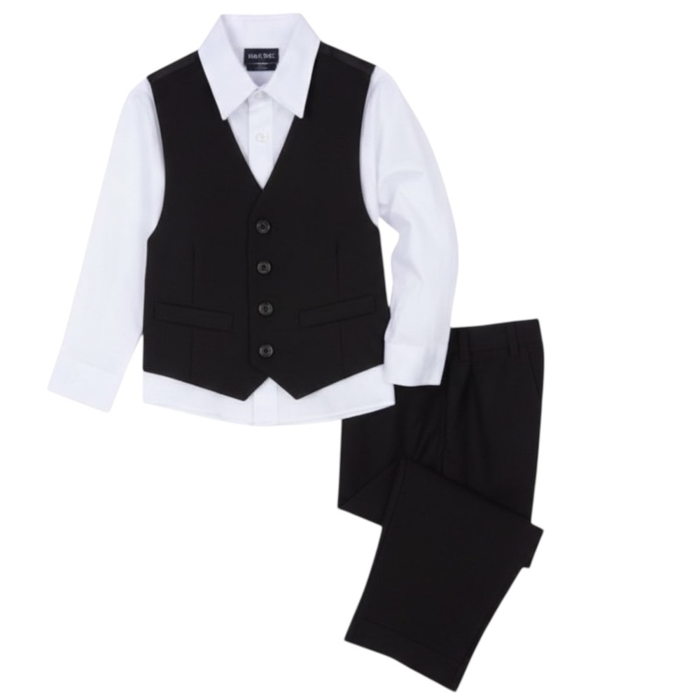 NWT Nautica Boys Tuxedo 3 Piece Set Shirt, Vest and Pants Wedding Black Tie